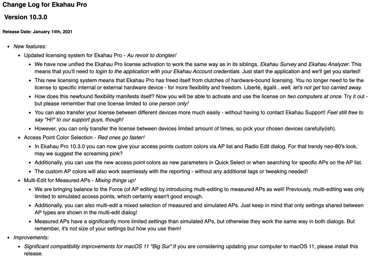 Au revoir to dongles! Hello Big Sur! <a href="/ekahau/">Ekahau</a> Pro 10.3 now available at ekahau.com/download/pro