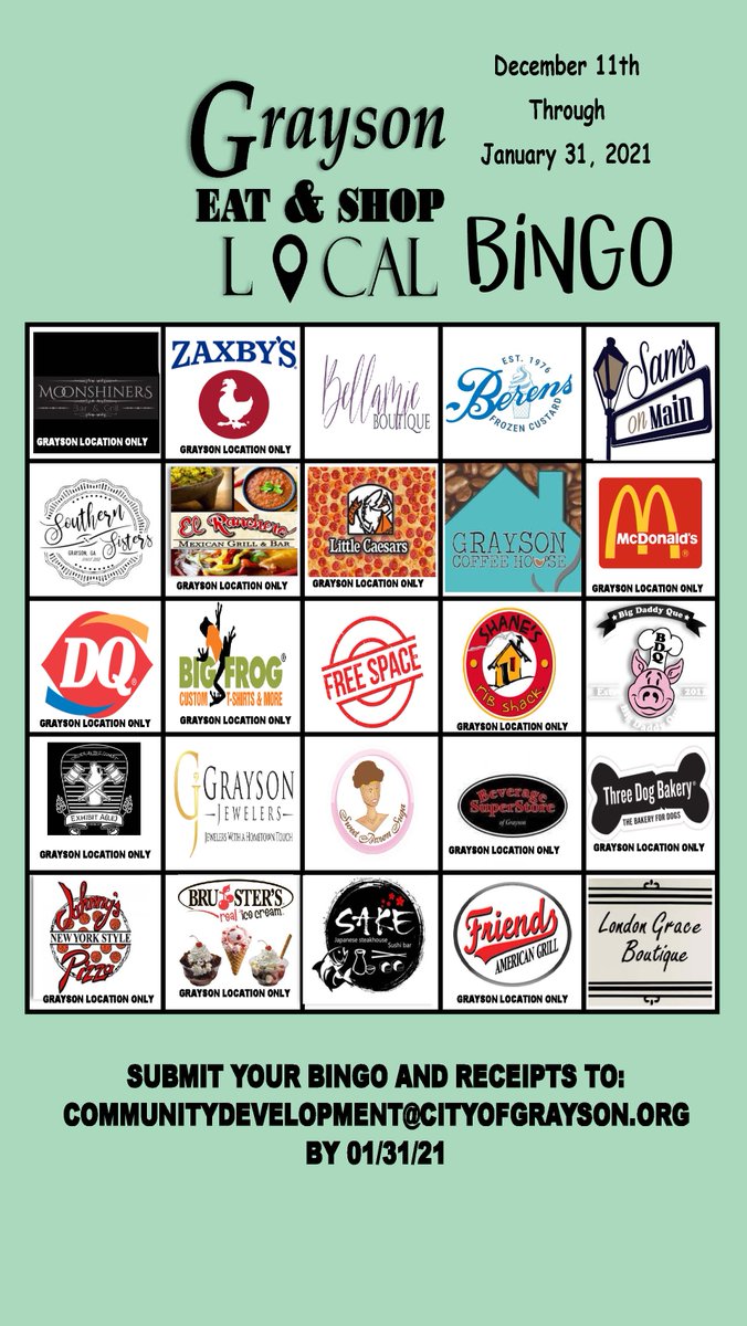 GetIntoGrayson's tweet image. There is still time to play Eat Shop Local Bingo!  Deadline is 01/31.  The winner receives gift cards valued at $675
