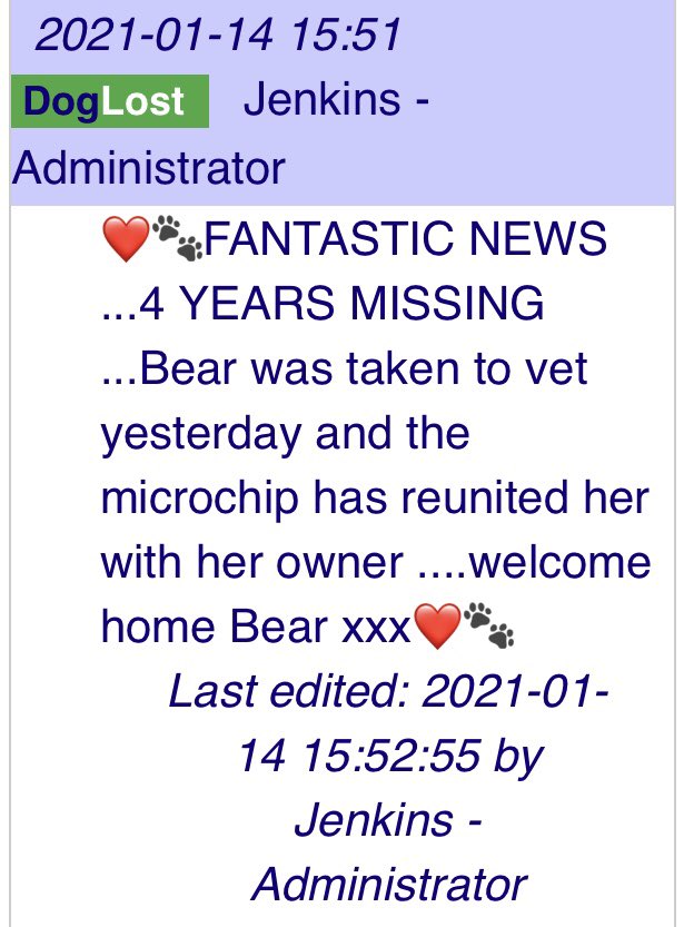 ❤️JUST SEEN - BEAR STOLEN DECEMBER 2016 - REUNITED AFTER FOUR YEARS (she was taken with 5 others) 14/1/21 
❤️WHAT A DAY - Welcome home you beautiful lady, really hoping you’re well &amp; not too traumatised 😘
doglost.co.uk/dog-blog.php?d…