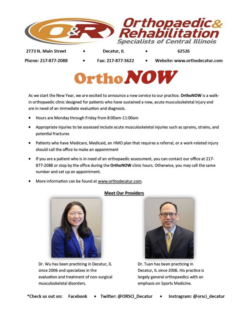 ORSCI_Decatur's tweet image. Check out the new service that has been added to our practice! 

OrthoNOW is a walk-in (no appointment necessary) orthopaedic injury assessment service. More information is at facebook.com/10405039158833… and will soon be available on our website orthodecatur.com
