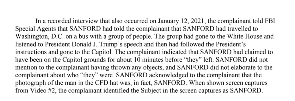 Robert Sanford, the retired PA firefighter who has been charged in the DC riot, went to the Capitol following "the President's instructions," a complaining witness told the FBI.