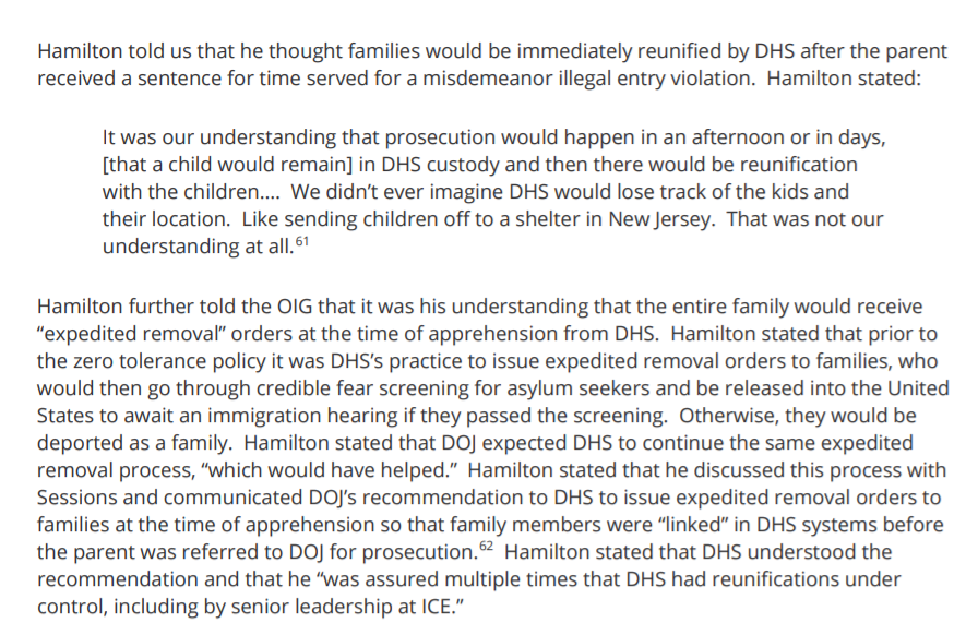 Gene Hamilton tries to pretend like he had no idea that Zero Tolerance would result in family separations and lead to children being placed into ORR custody away from their parents.The OIG includes two footnotes strongly suggesting Hamilton is lying about his understanding.