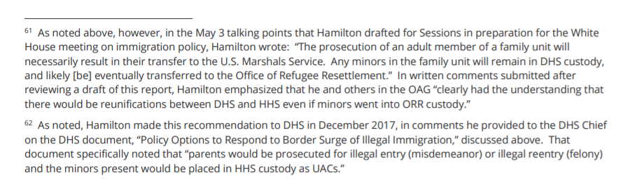 Gene Hamilton tries to pretend like he had no idea that Zero Tolerance would result in family separations and lead to children being placed into ORR custody away from their parents.The OIG includes two footnotes strongly suggesting Hamilton is lying about his understanding.