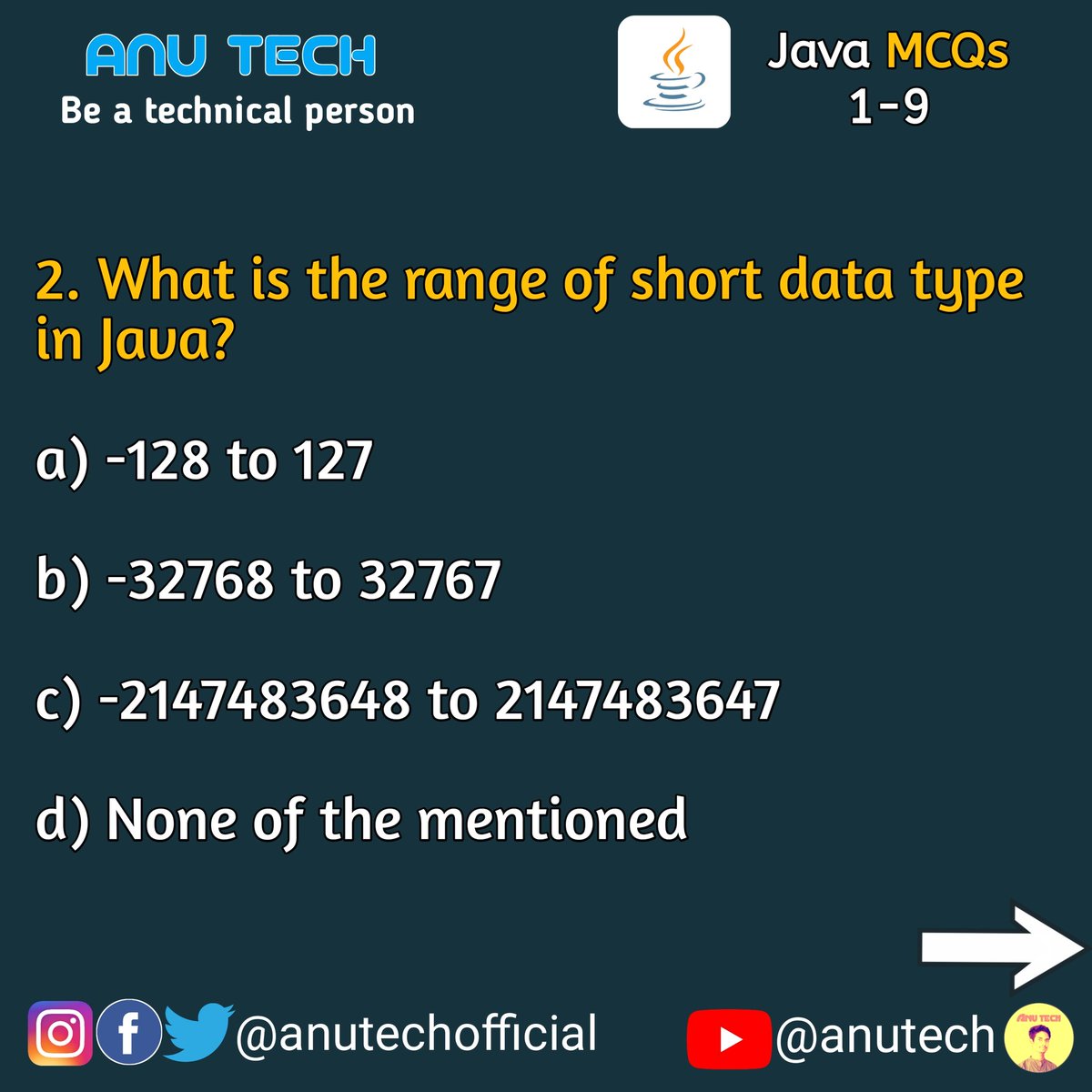 anutechofficial's tweet photo. Solve these java MCQs, all 9 questions and Answer on instaId@anutechmeme 👇
https://t.co/SFOalq8KTe
Do follow
@anutechofficial
@anutechofficial
For more tech meme.
#100DaysOfCode #javaprogramming #Java #Coding #developer #anutech #BeATechnicalPerson https://t.co/D2q6x3PYKq