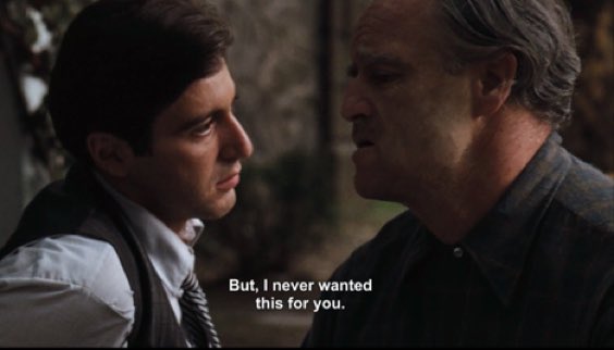 The duality between Michael and his Father is veraciously sad, he experienced a diametrical journey to Vito, bringing us back to the conversation in the 1st film where Vito expresses his regrets in Michaels path, one he did not want for his son, one that would lead to his demise.