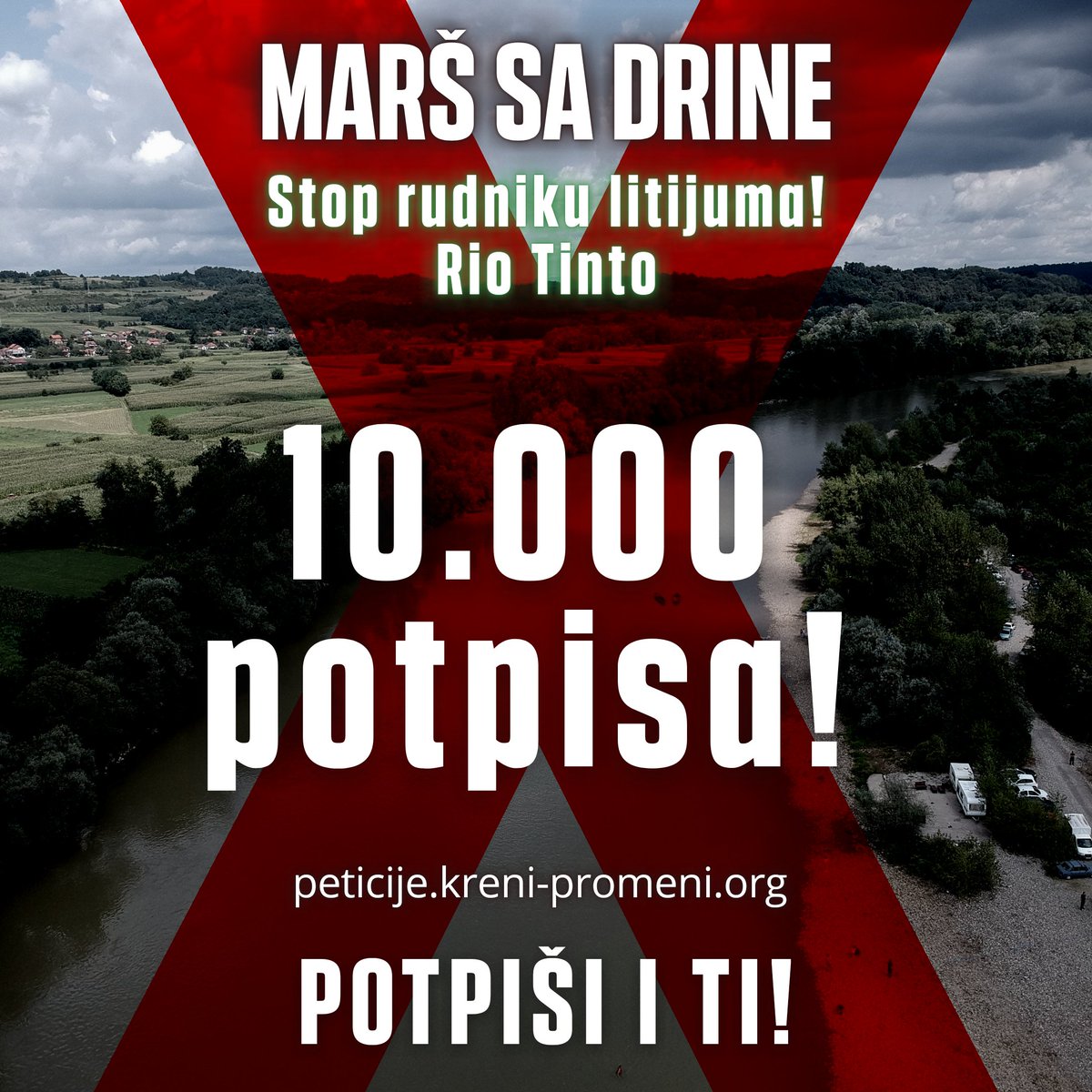 Dostigli smo 10.000 potpisa! 

Nastavite da delite 📣
Pokažimo i brojem potpisa da je ova tema važna! 🙏

🔗🔗Link peticije protiv rudnika litijuma ➡️  peticije.kreni-promeni.org/petitions/stop… 

POTPIŠI I PODELI 📣✊🏻

#MaršsaDrine #marssadrine #krenipromeni #peticija #riotinto