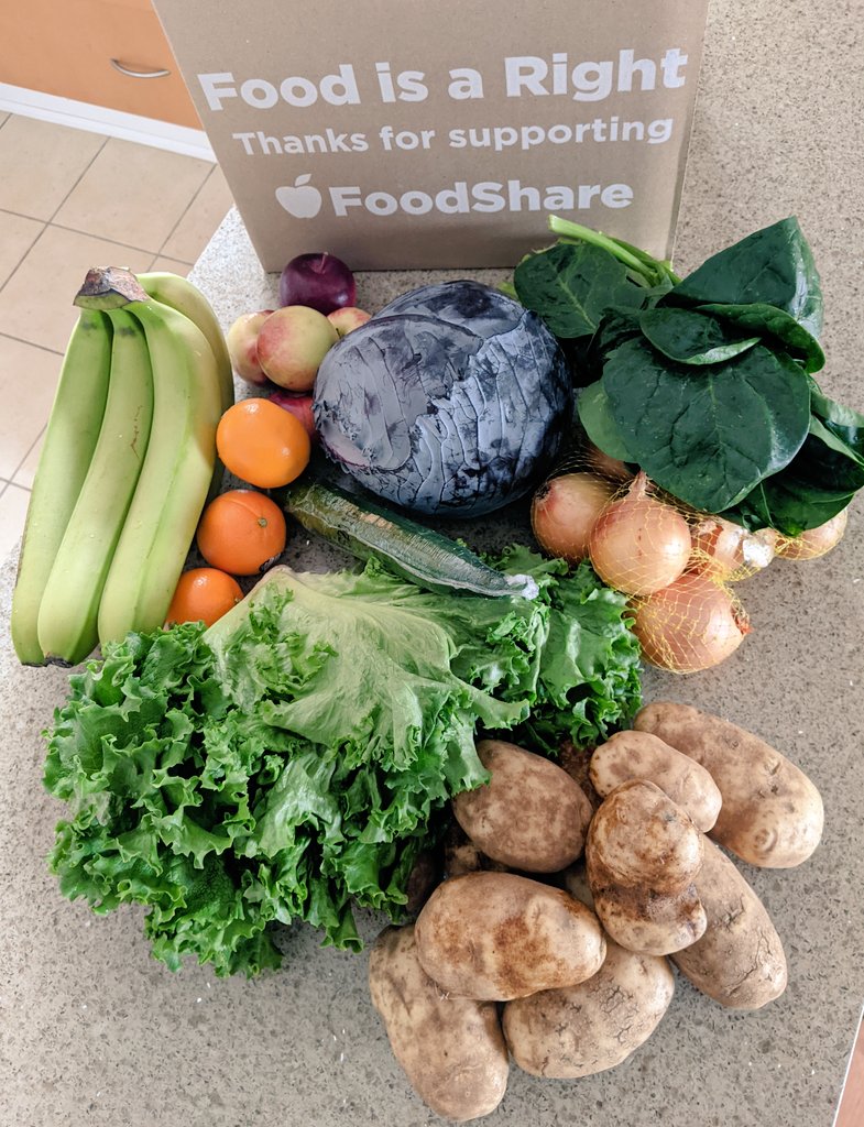 This box of beautiful fresh produce was just delivered to my home by a <a href="/FoodShareTO/">FoodShare</a> essential worker with paid sick days and a $4/hour pandemic pay top up (consistently applied since March 2020). It's time for legislated paid sick days for all!