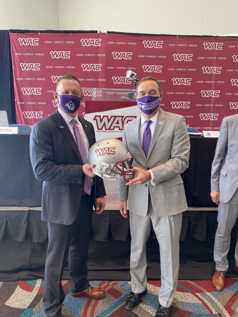 TarletonPrez's tweet photo. It’s official, the @WACsports added five incredible institutions today. Our old rivalry with @ACUsports is back. The WAC is BACK - #WAC football is back! 🏈💜⚾️🥎🎾🏐⚽️ https://t.co/s21l41T4qQ