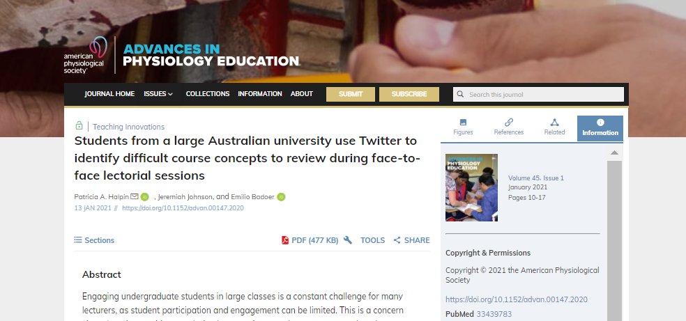 APSPublications's tweet photo. Students from a large Australian university use Twitter to identify difficult course concepts to review during face-to-face lectorial sessions - new from Advances in Physiology Education (FREE)
https://t.co/FALSMRU5u2
#flippedteaching #largelecture https://t.co/mW8IFOulNw