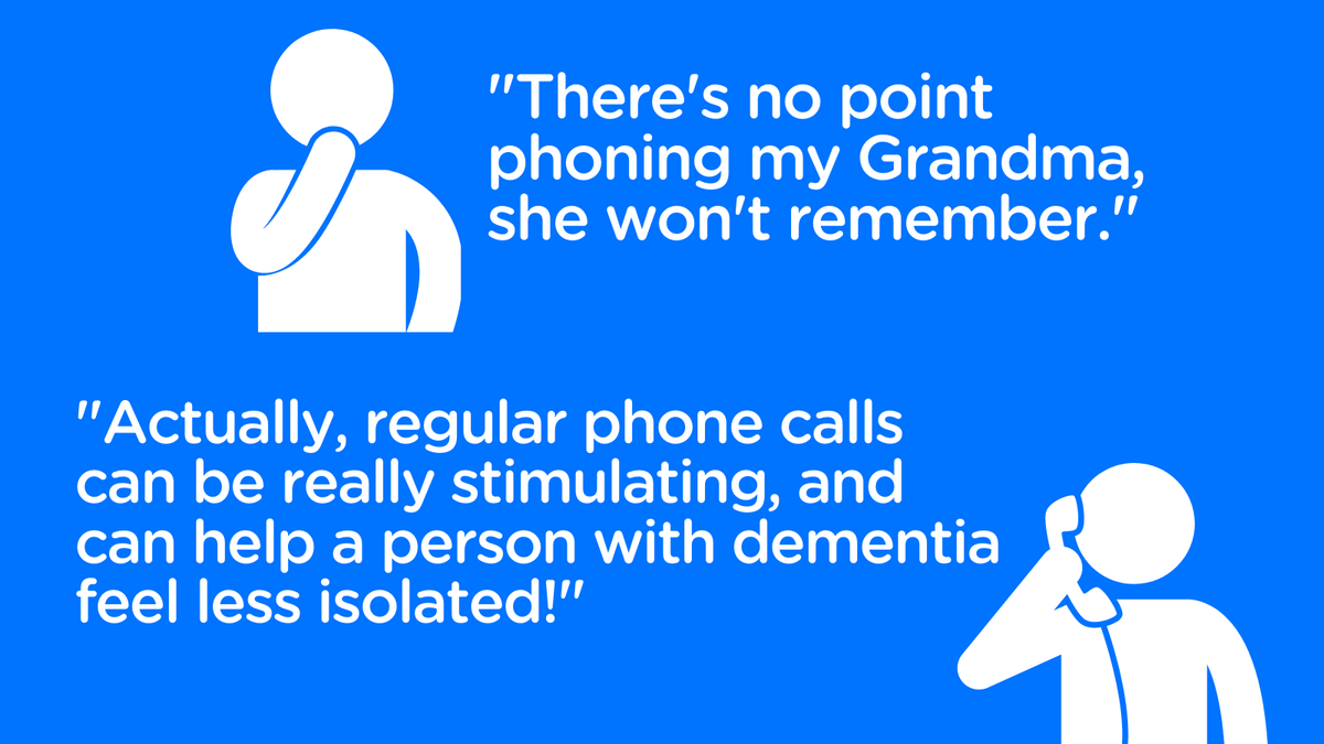 DementiaFriends's tweet photo. At a time where we’re not able to visit those affected by dementia, regular phone calls can make all the difference. Phone someone to reminisce, to share news or just to ask what they had for lunch - a friendly chat can go a long way in helping someone feel less alone. https://t.co/SWmiCXhXNv