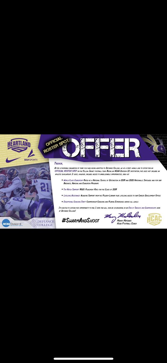 TrevorFair1's tweet photo. Blessed to receive my first offer from Defiance college!! @Etowah_Recruits 
@coach_shank05 https://t.co/ZYhcUT1Ss8