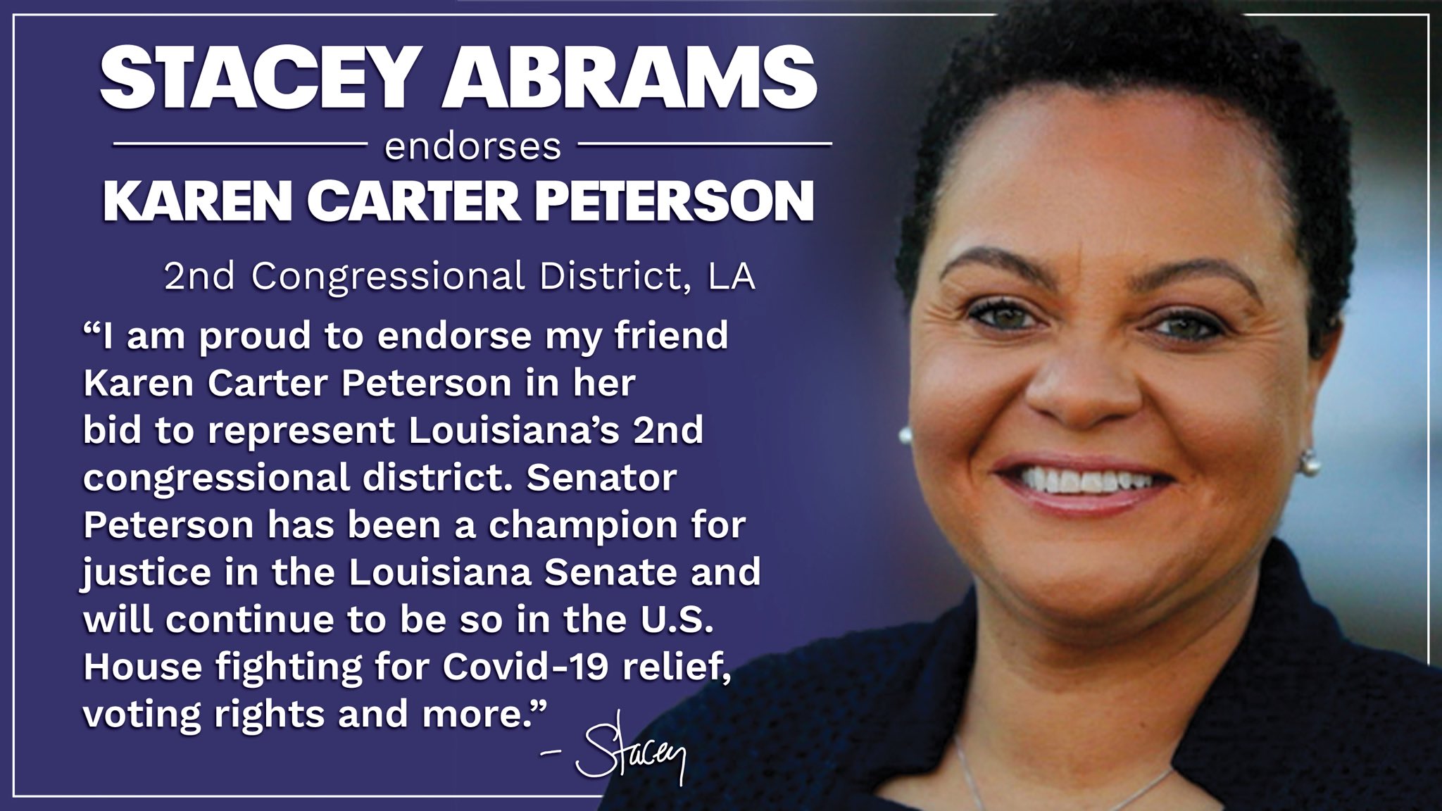 Stacey Abrams on X: I am proud to endorse my friend Karen Carter Peterson  to represent Louisiana's 2nd congressional district. In Congress, @TeamKCP  will serve as a champion for justice, Covid relief