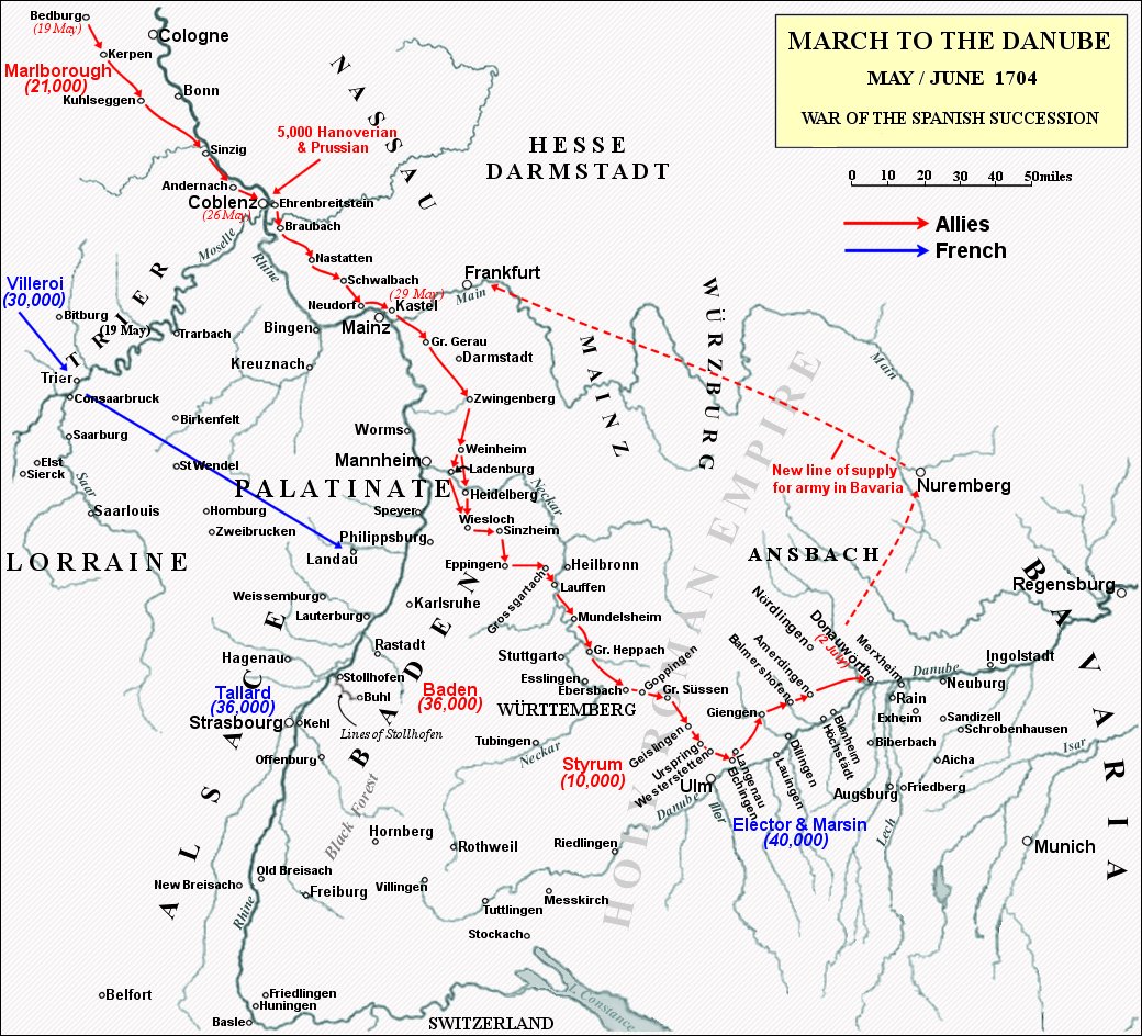 The rate of march for Marlborough’s force was rather unextraordinary. His troops averaged around 7.5 miles per day (which French troops often exceeded during the conflict). Rather, the march was remarkable for the total distance covered and the condition of the troops at its end.