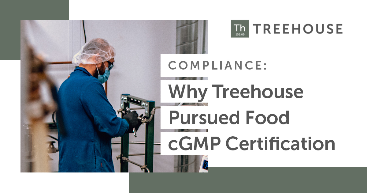 TreeHouseBio's tweet photo. The relationship between compliance and CBD is complicated, but Treehouse keeps it simple. Our compliance program is designed to match a wide range of quality assurance requirements. That’s why we pursued cGMP certification for food safety in addition to dietary supplements. https://t.co/D00xWQqOPY