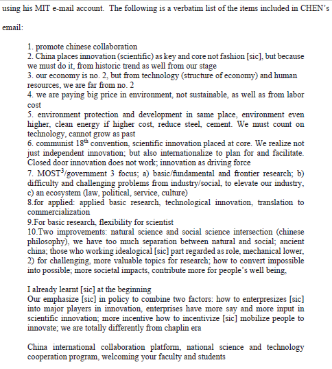 Chen sent emails from his MIT account "to promote the PRC's scientific and economic development" Don't think that is a crime. Must be here for color. From the complaint, one of those emails.