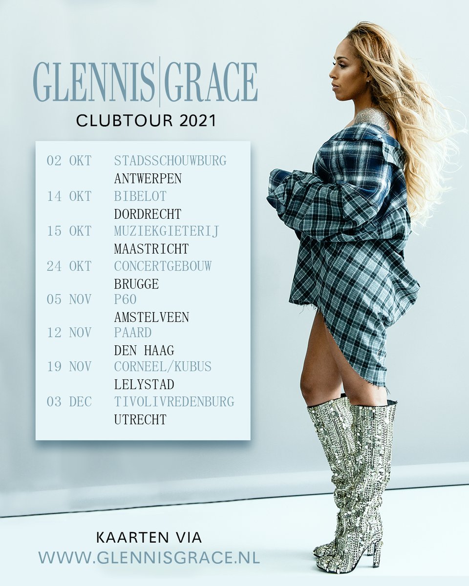 We hebben de shows die ik volgende maand zou gaan doen helaas moeten verzetten. Ik weet dat sommigen van jullie al sinds april vorig jaar op deze show wachten (net als ik) maar ik beloof dat je geduld wordt beloond 💜🙏🏾 Kaarten via glennisgrace.nl