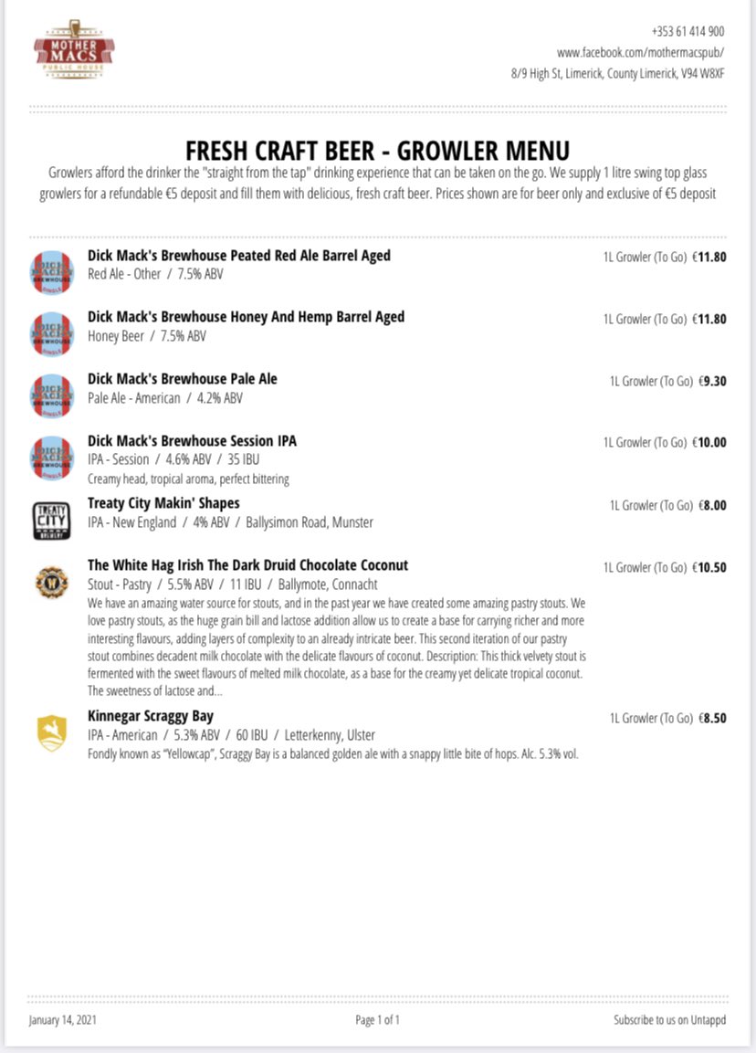 Mother Macs (Limerick, Ireland) (@mothermacspub) on Twitter photo This weekends Growler Menu. The taps have been taken over by <a href="/dickmacksbrew/">Dick Macks Brewhouse, Dingle</a>. We have 2 tap room exclusive barrel aged brews.
A purchase of a Dick Mack’s brew comes with an invite to Meet the Brewer (online) Saturday evening (16th Jan) at 8pm. This weekends Growler Menu. The taps have been taken over by <a href="/dickmacksbrew/">Dick Macks Brewhouse, Dingle</a>. We have 2 tap room exclusive barrel aged brews.
A purchase of a Dick Mack’s brew comes with an invite to Meet the Brewer (online) Saturday evening (16th Jan) at 8pm.