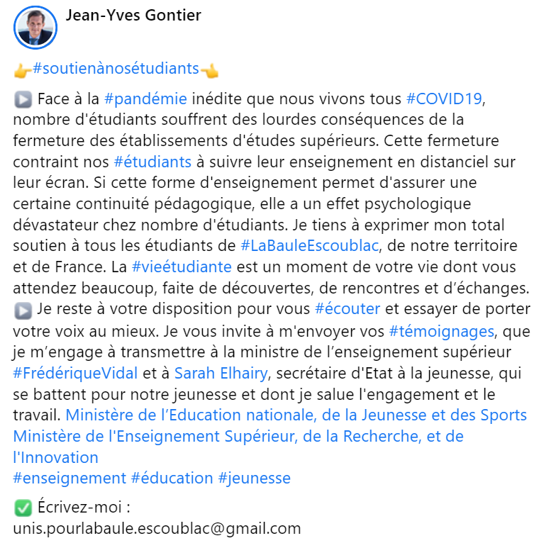 jygontier's tweet photo. 👉#soutienànosétudiants👈
▶Je tiens à exprimer mon total soutien à tous les #étudiants de #LaBauleEscoublac et de France. 
✅Écrivez-moi :
unis.pourlabaule.escoublac@gmail.com
@sarahelhairy @VidalFrederique @education_gouv @sup_recherche 
#enseignement #éducation #Jeunesse https://t.co/qCvgTzJQlG