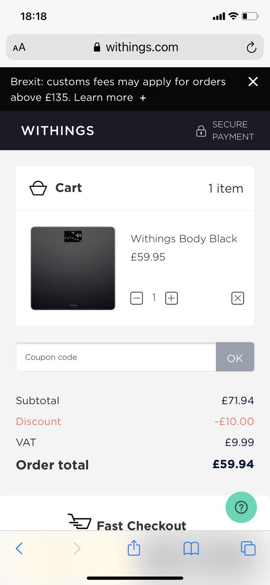 davemens's tweet photo. @AskWithings price on your website shows £41.63 but the price at checkout £59.94 -
Please can you help and clarify the correct price? https://t.co/Ho29bhaHbl