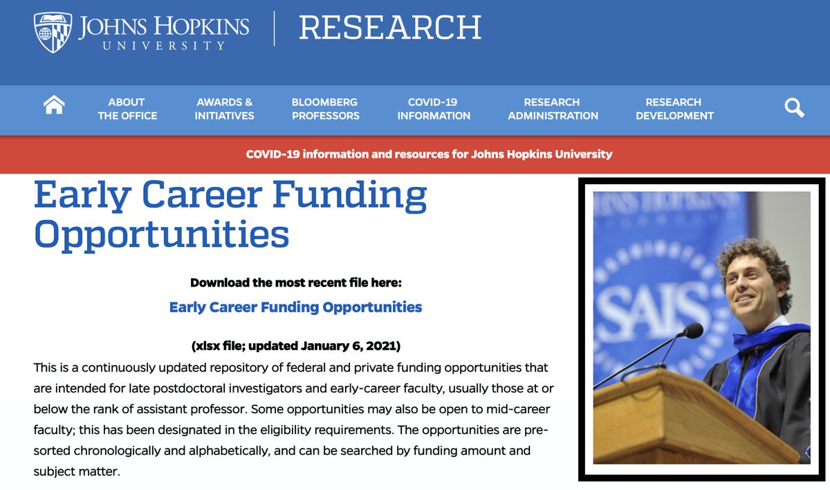 For the new year, my office once again provides exhaustive downloadable lists of 1000's funding opportunities for postdocs, PhD students, early-career faculty.

PhD students: research.jhu.edu/rdt/funding-op…
Postdocs: research.jhu.edu/rdt/funding-op…
Early-career faculty: research.jhu.edu/rdt/funding-op…