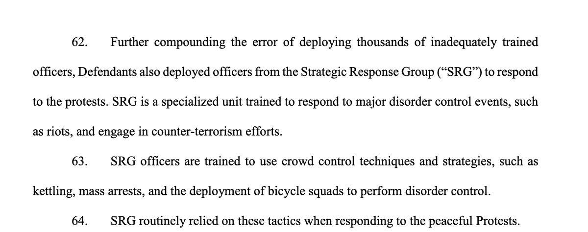 Like both the  @NYC_DOI and NYC Law Department's reports about the NYPD's responses to the Floyd protests, the AG's complaint focuses on a lack of appropriate NYPD training and supervision on use of force and crowd control in policing First Amendment assemblies before the protests