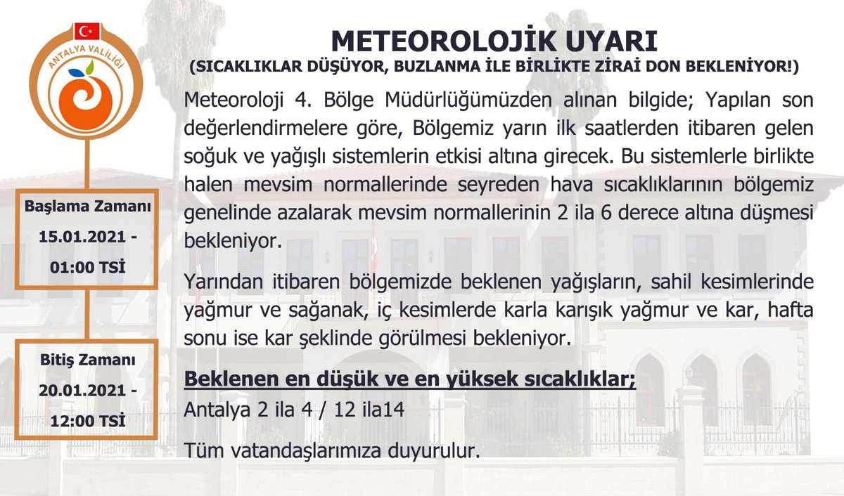 AntalyaValilik's tweet photo. ⚠️Meteorolojik Uyarı⚠️

🌧️☔️ 🌪️🌩️

Buzlanma ve Zirai Don Uyarısı🥶❄️ https://t.co/0Jfr2ZVuK9