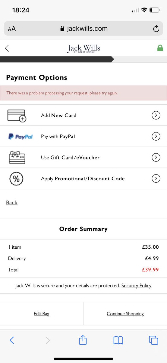 SpencerTweed89's tweet photo. @JackWills - can someone help I’m trying to order from your website and everytime I click add new card it tells me there’s a problem? How do I go about paying for this item? https://t.co/rFR9048QYE