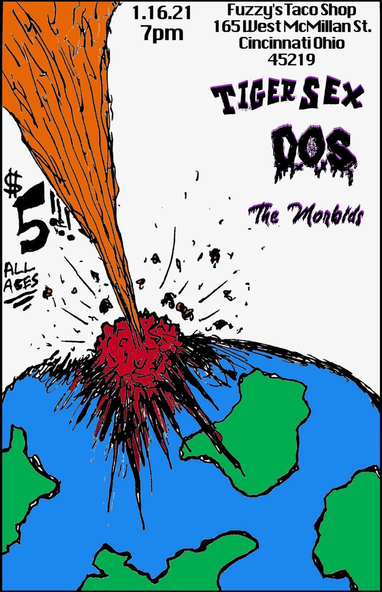 Saturday 1/16 7pm All Ages <a href="/fuzzystacoshop/">Fuzzy's Taco Shop</a> in Clifton - TIGER SEX, DOS, MORBIDS #cincinnati #allages #rocknroll #live #livemusic #tigersex