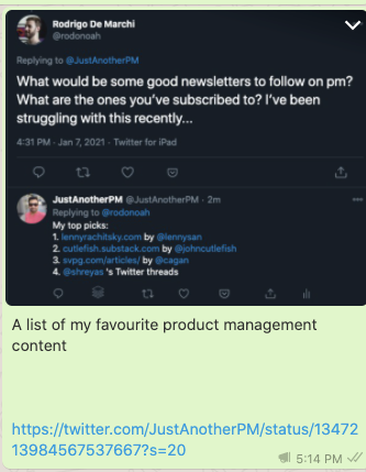 3.1.1/Whatsapp - learningMessaging apps are great for sharing content1. Users have control and flexibility to read, mute, share easily2. Short form content + pictures/screenshots work best. (see attached)3. Users are open to share instant feedback and have conversations