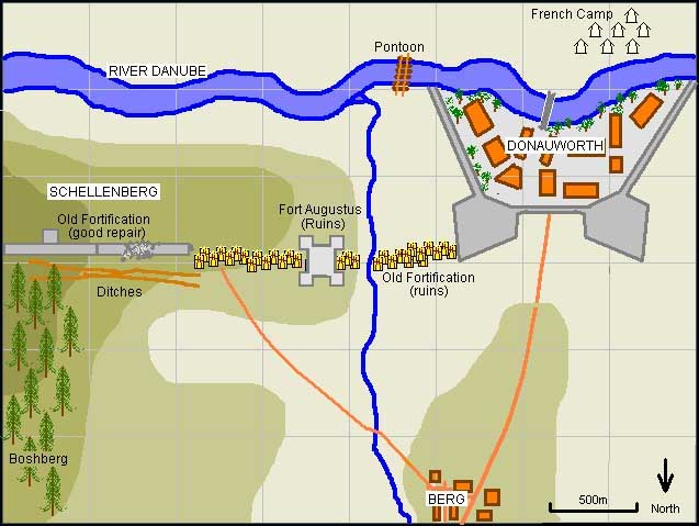 These forces reached the town before Marlborough and began to strengthen the old defenses of the nearby Schellenberg heights. Marlborough also received news from Eugene that 35,000 French soldiers under Tallard were marching through the Black Forest and into Bavaria.