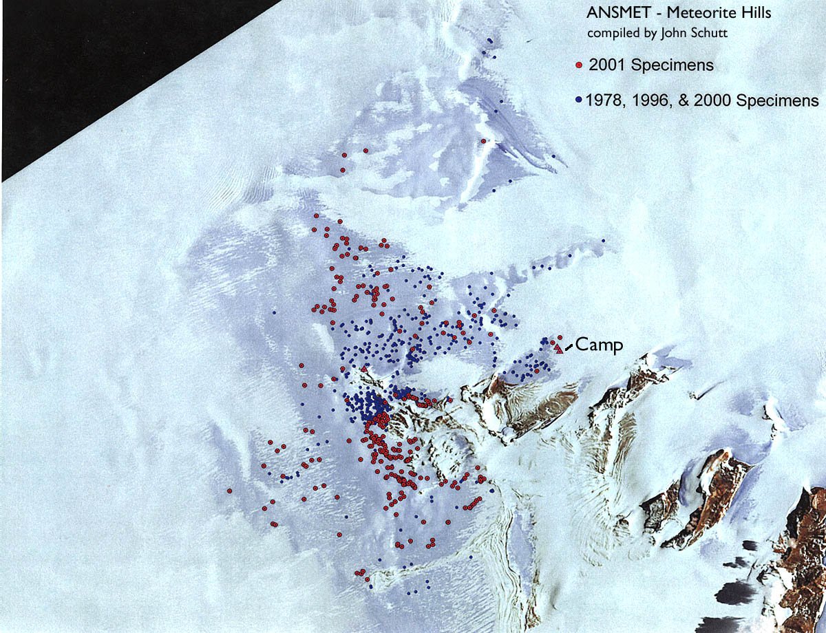 All in all  #ANSMET2000 team found >800 meteorites! Here's a map of where they were found (blue dots) overlain on a satellite image. Red dots were meteorites found by the 2001-2002 Field season. (from  http://www.psrd.hawaii.edu/Feb02/meteoriteSearch.html)