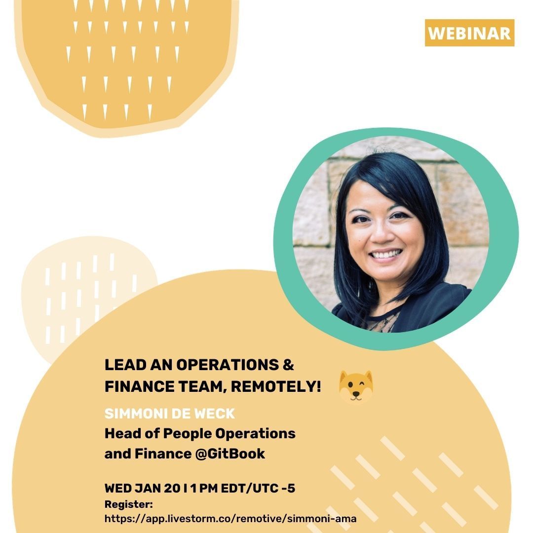 remotiveio's tweet photo. Excited for our next AMA session on January 20th, 1 pm EDT/ UTC-5. Our guest will be Simmoni de Weck, Head of People Operations and Finance @GitBookIO 
Register here to attend the live event: https://t.co/s48JX97VIH ✨ https://t.co/ygCpRWUkLq