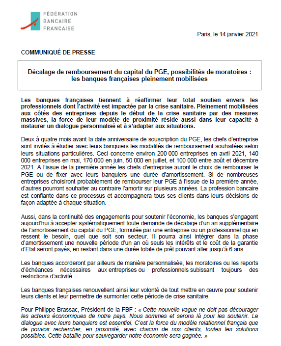 FBFFrance's tweet photo. #Communiqué | Décalage de remboursement du capital du #PGE, possibilités de #Moratoires : les #Banques françaises pleinement mobilisées 👉 https://t.co/1iDudsqjQs https://t.co/8gVvSNs1Wy