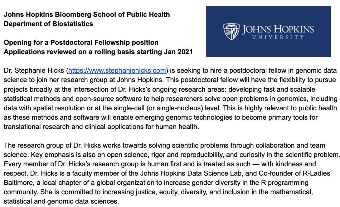 Stephanie Hicks, PhD (@stephaniehicks) on Twitter photo Interested in a #postdoc in Genomic #DataScience? I'm hiring <a href="/jhubiostat/">jhubiostat</a> & encourage underrepresented folks to apply: stephaniehicks.com/join/
Strongly committed to personalized training. Non-traditional bkgds welcomed. Inclusive, team environment. Reading every app for potential Interested in a #postdoc in Genomic #DataScience? I'm hiring <a href="/jhubiostat/">jhubiostat</a> & encourage underrepresented folks to apply: stephaniehicks.com/join/
Strongly committed to personalized training. Non-traditional bkgds welcomed. Inclusive, team environment. Reading every app for potential