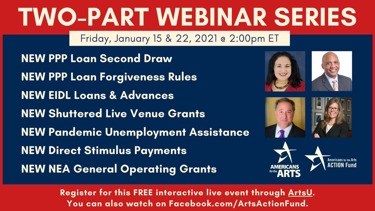 Last week <a href="/SBAgov/">SBA</a> announced the reopening of the Paycheck Protection Program (PPP) &amp; new loan rules. It's complex, and we're here to help! Join us + <a href="/ArtsActionFund/">Arts Action Fund</a> tomorrow for the first of two webinars breaking it all down. Watch live on Facebook: bit.ly/2XGNYji