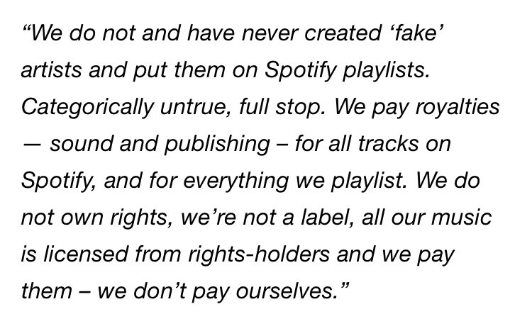 Here's where it gets pretty shady, Spotify claims that they don't make fake artists but epidemic and Spotify are owned by a common investor a VC firm by the name of Creandum.3/