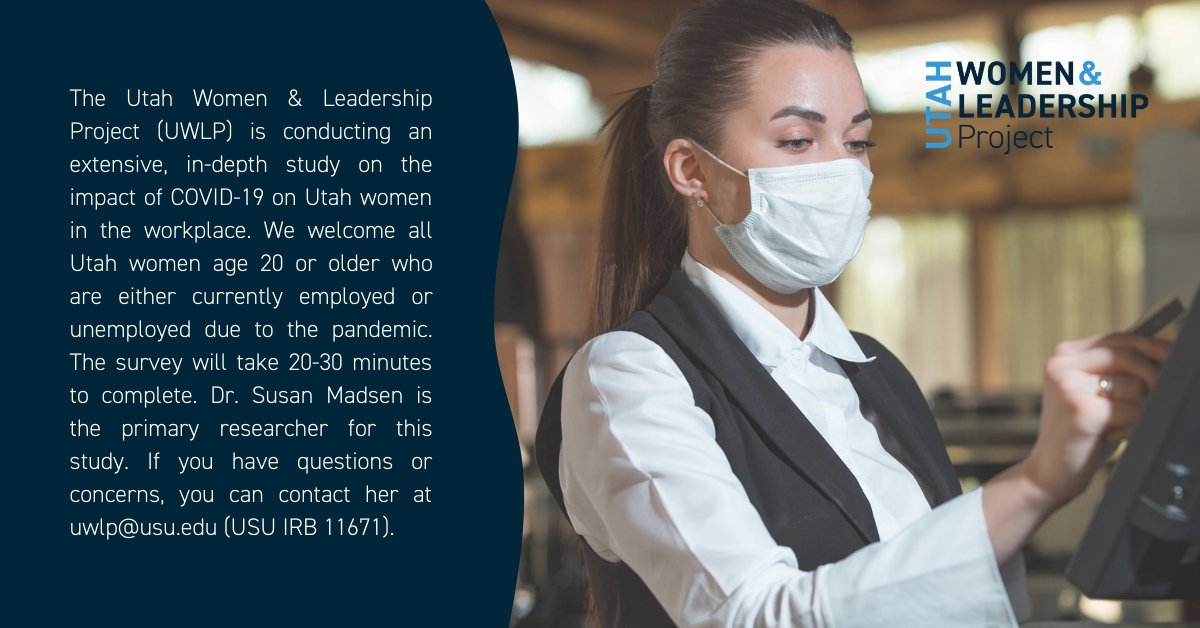 usuextension's tweet photo. The Utah Women &amp; Leadership Project is conducting an in-depth study on the impact of COVID-19 on Utah women in the workplace. We welcome all Utah women age 20 or older who are either currently employed or unemployed due to the pandemic to take the survey. https://t.co/q1a7XrP9wg https://t.co/ZEeb1ewyIw