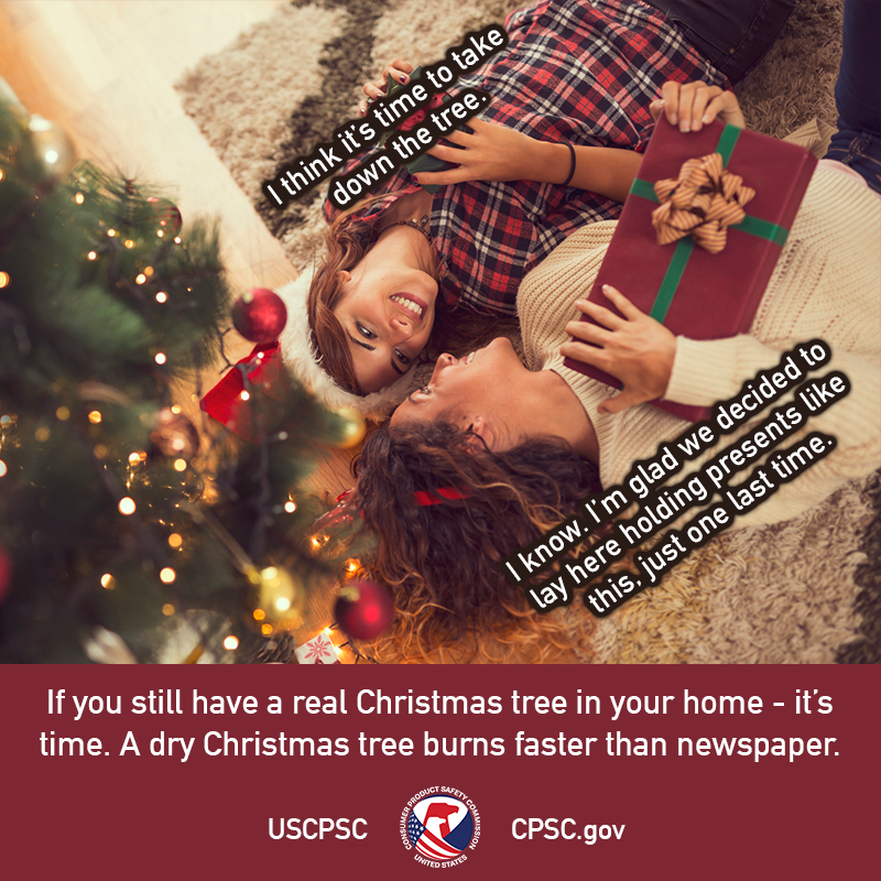 Two women laying on the floor holding presents under a Christmas tree. The text reads: Woman 1: I think it's time to take down the tree. Woman 2 replies, "I know. I'm glad we decided to lay here holding presents like this, just one last time." If you still have a real Christmas tree in your home - it's time. A dry Christmas tree burns faster than newspaper.