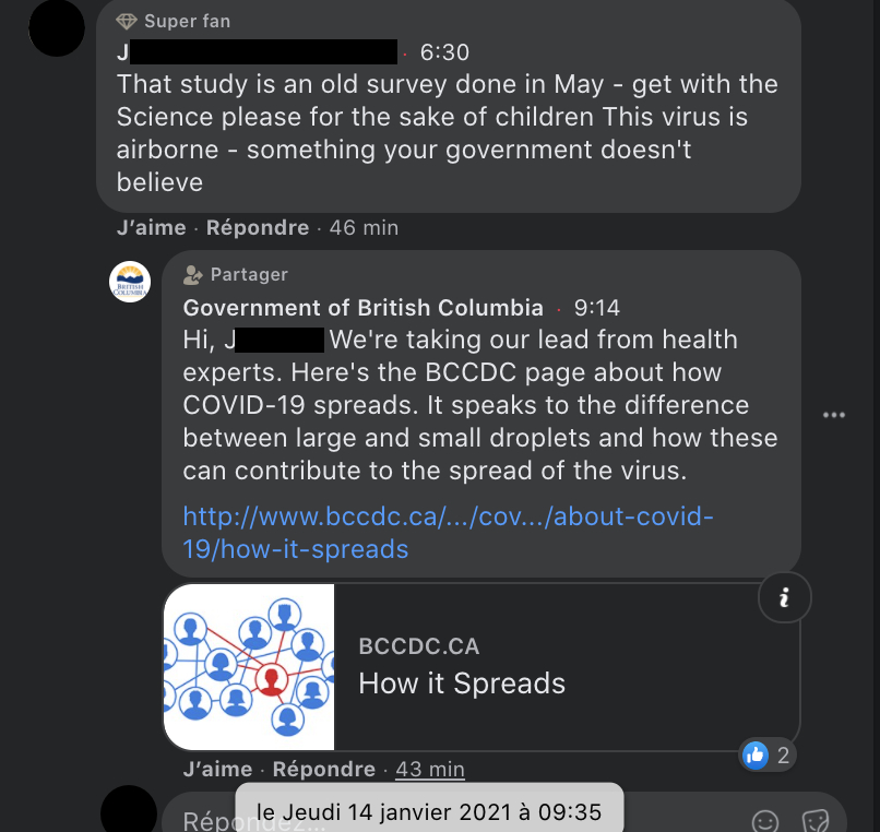 . @BCGovNews states in 01/14 Fb presser feed that they 'take their lead from health experts', links to  @CDCofBC pg; which mentions diff droplet szs, but avoids aerosol&airborne. BCCDC app still explicitly states 'The virus is not known to be airborne', counter to current science.