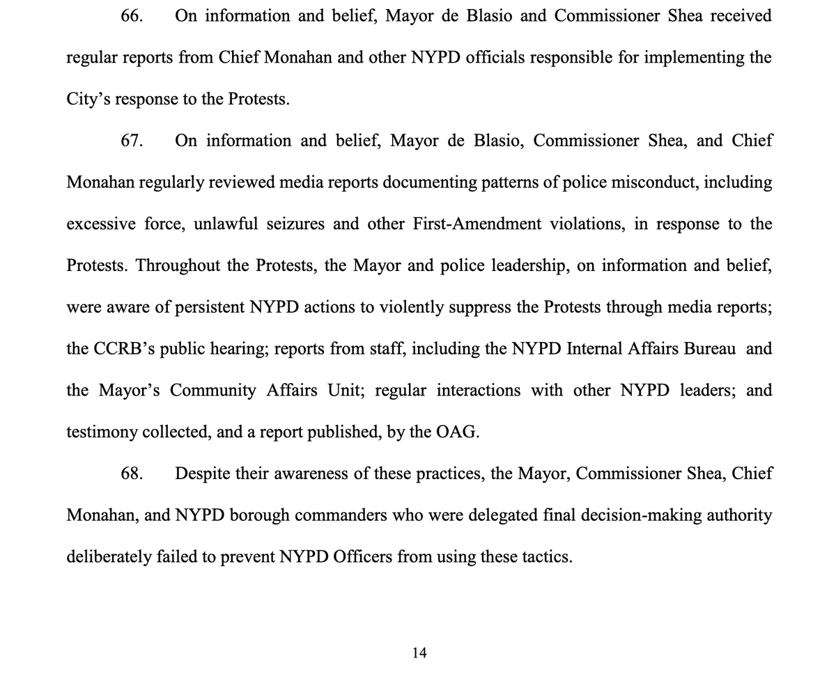 Unlike the City agency reports, the AG's complaint directly implicates Mayor de Blasio, Commissioner Shea, Chief Monahan, and other City policymakers for their knowledge that the City's and NYPD's policies and training were inadequate before AND after the Floyd protests...