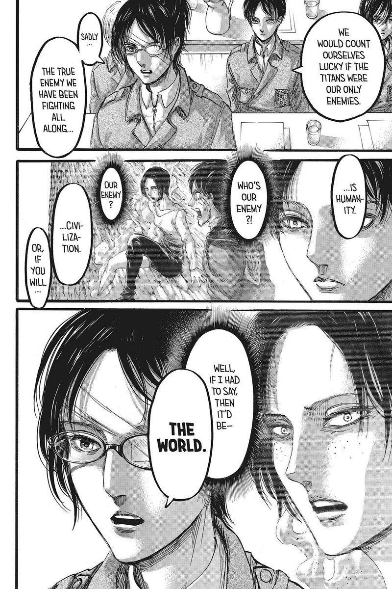 It’s about Paradis vs the world. The cycle of hatred and ending the rule of the titans. Reducing Eren to someone that needs to be defeated and not addressing any of these other major issues, is not something that Isayama would do