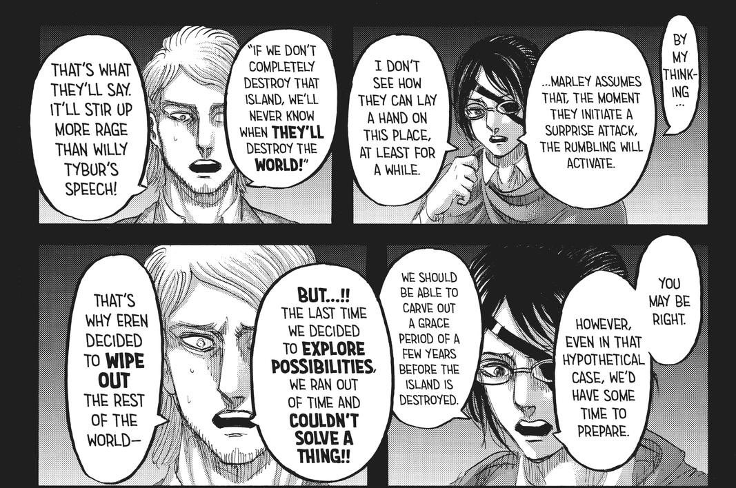 Even members of the alliance have acknowledged the possible outcome of stopping Eren. Hange suggests that the situation would be even WORSE for Eldians and Jean believes that stopping Eren simply means delaying the inevitable of Paradis being destroyed