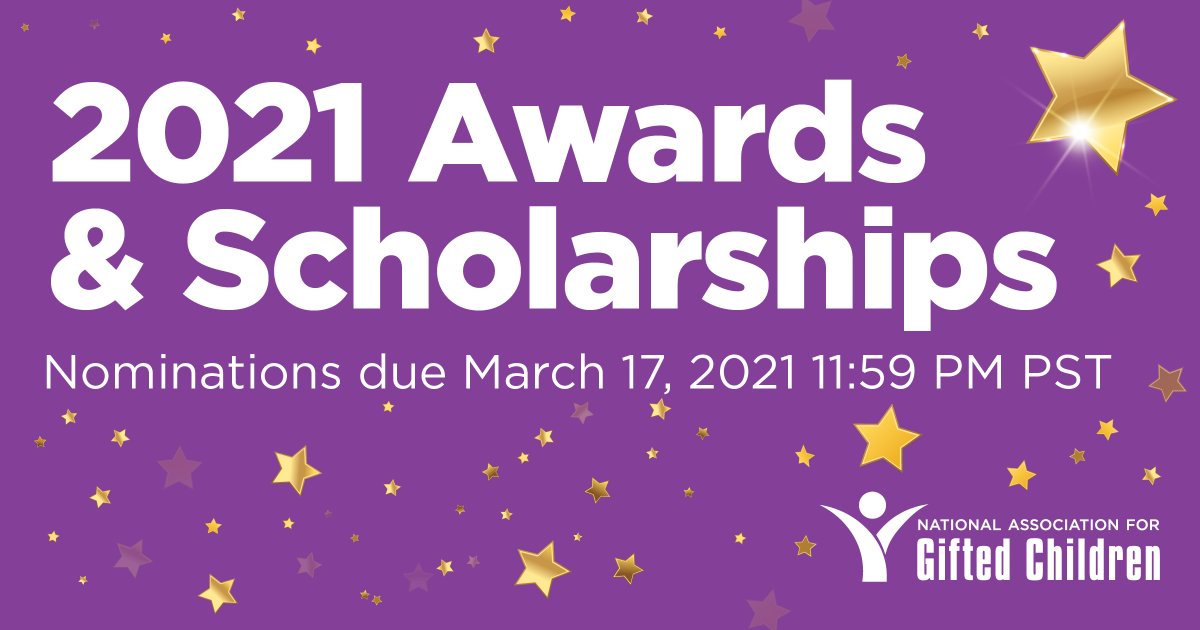 Nominations now open for <a href="/NAGCGIFTED/">NAGC</a> 2021 awards &amp; scholarships! Recognize a deserving colleague or #advocate who has made an imp impact in supporting #giftedminds esp underserved populations. bit.ly/Awards21Nomina…  #gifted #gtchat #gifteded
