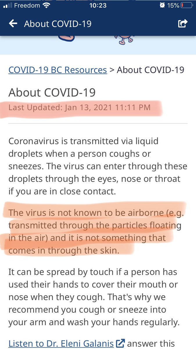 . @BCGovNews states in 01/14 Fb presser feed that they 'take their lead from health experts', links to  @CDCofBC pg; which mentions diff droplet szs, but avoids aerosol&airborne. BCCDC app still explicitly states 'The virus is not known to be airborne', counter to current science.