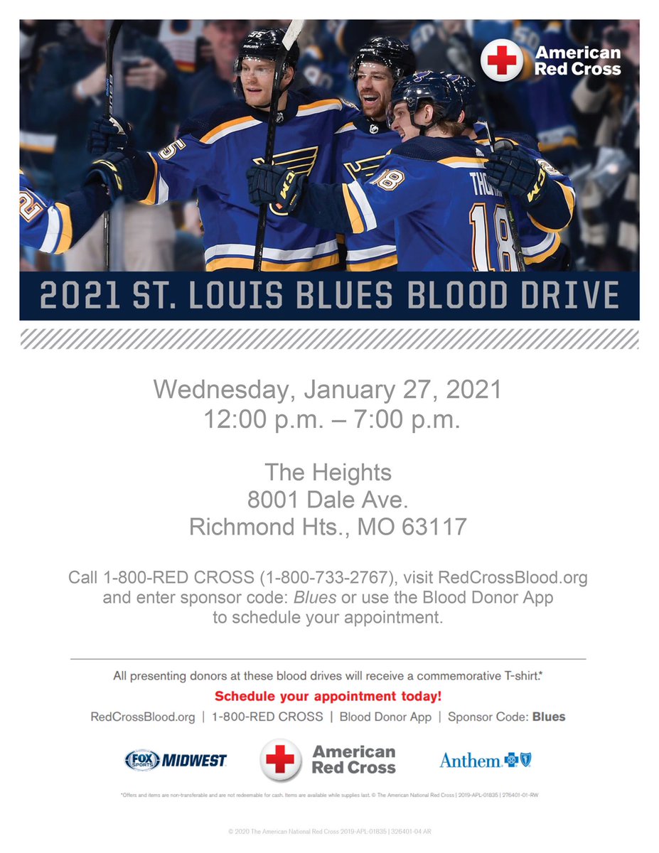 THEHEIGHTSRH's tweet photo. THE HEIGHTS will be a location for the Wednesday, January 27th American Red Cross @StLouisBlues Blood Drive! Schedule your appointment online today. These free t-shirts will be given away to all donors that day 😊 ❤️ 👏 https://t.co/ttCVfk7CjR