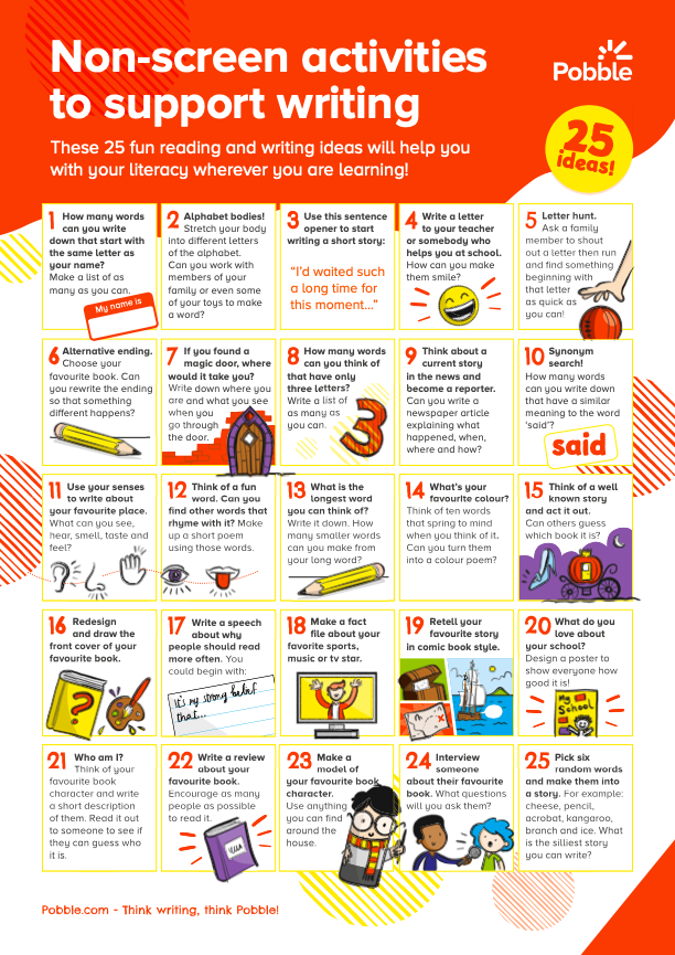 By popular demand! We've created 25 NEW non-screen activities. Best of all they support writing at home... Or wherever you are learning! 🤩 
Download your FREE copy here: blog.pobble.com/25-non-screen-…  
#Homelearning #Literacy #TeamEnglish