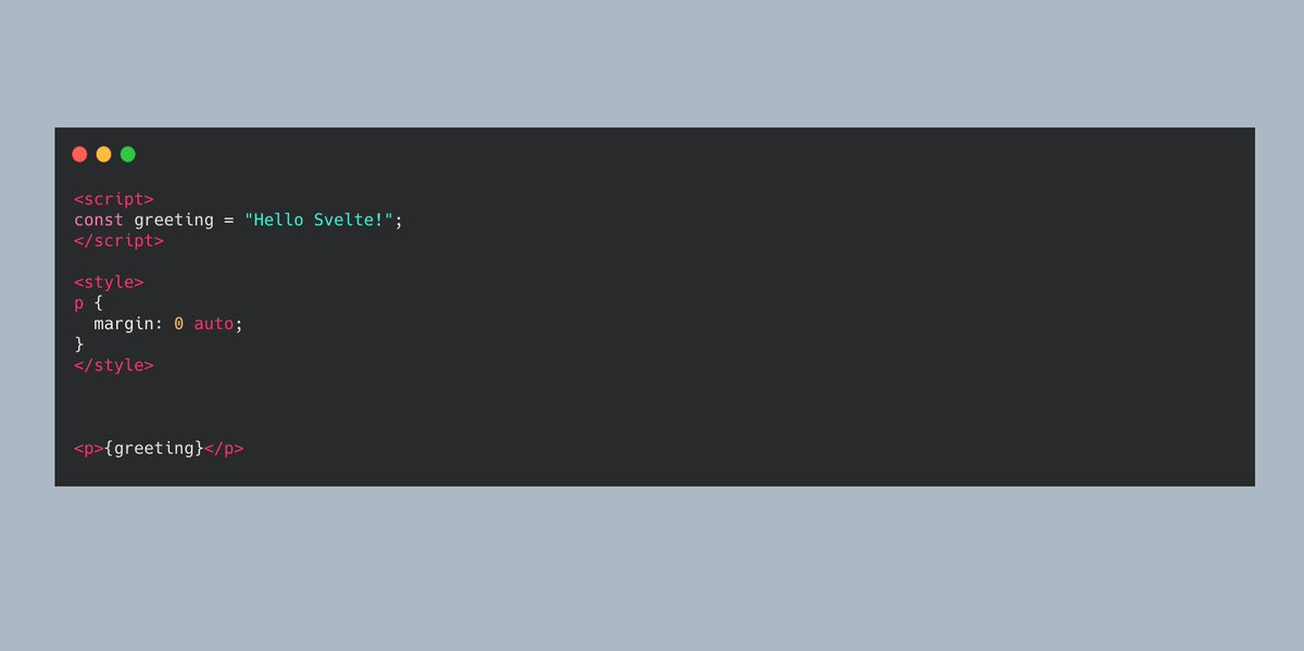 Like React has its *.jsx files, and Vue has its *.vue single-file components, Svelte has *.svelte files.Similar to single-file components in Vue, a svelte file can contain HTML, JavaScript, and CSS.You can see a simple component in the image below.