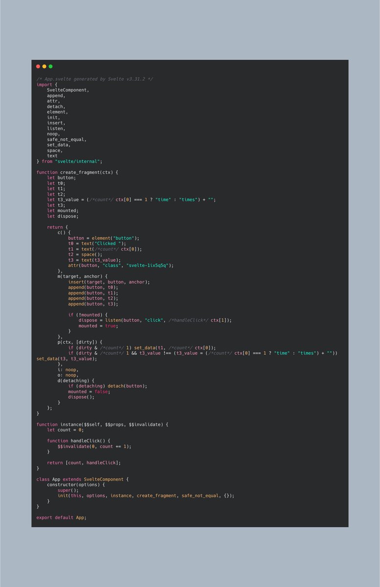 ... your frontend code, and a lot less library/framework weight.Oh, and do you still remember the reactive example? Here is how the emitted JavaScript code looks.That's a lot of burdens taken off your back and put onto the compiler's shoulder.