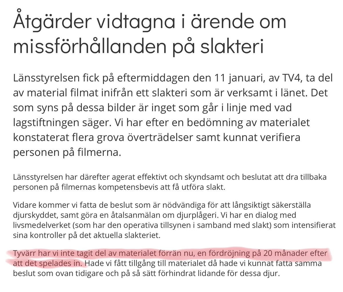 ”Djurrättsaktivister” väntar alltså 20 månader med att uppmärksamma berörda myndigheter om missförhållanden på ett slakteri.

Det är så vidrigt, cyniskt och elakt att jag saknar ord. 

Nedan är en skärmdump från Länsstyrelsen i Skåne: lansstyrelsen.se/skane/om-oss/n…