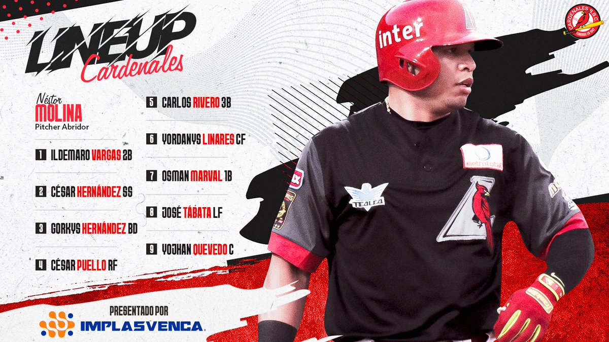 CardenalesDice's tweet photo. 📋 Lineup de @CardenalesDice para el juego 2 de la semifinal, presentado por @IMPLASVENCA. ¡Así jugaremos HOY (6:00 pm) 🆚 @TigresOficiales, en Barquisimeto!

#Cardenales | #PorElTricampeonato https://t.co/5bs29lkOG5